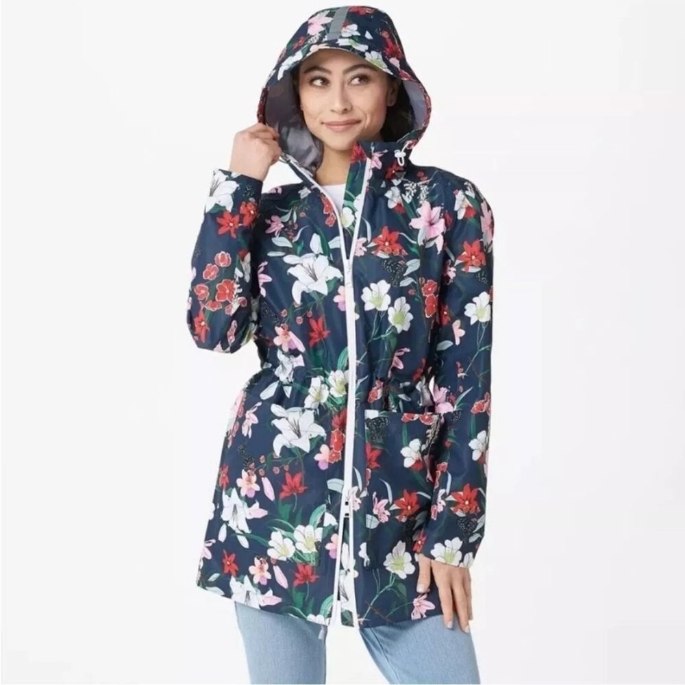 Nuage Waterproof Jacket Patch Pockets Back Vent Navy Blue Floral Size Small NEW