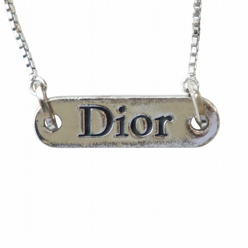 Y0729 Christian Dior Necklace Pendant Silver Logo Engraved Used