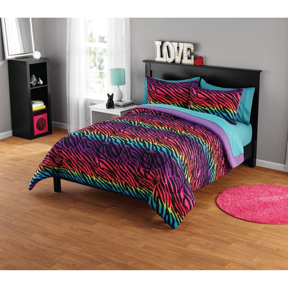 Colorful Zebra Print Twin Comforter Set in Vibrant Purple and Rainbow Hues