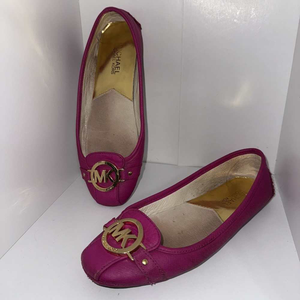 Michael Kors Fulton Flats Magenta Pink Leather Ballet Shoes SZ 7 MK Logo Slip On