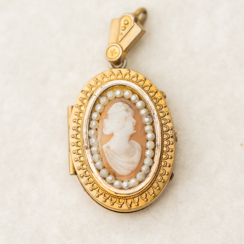 Antique Victorian Etruscan Revival Gold Filled Locket Fob Cameo Pendant