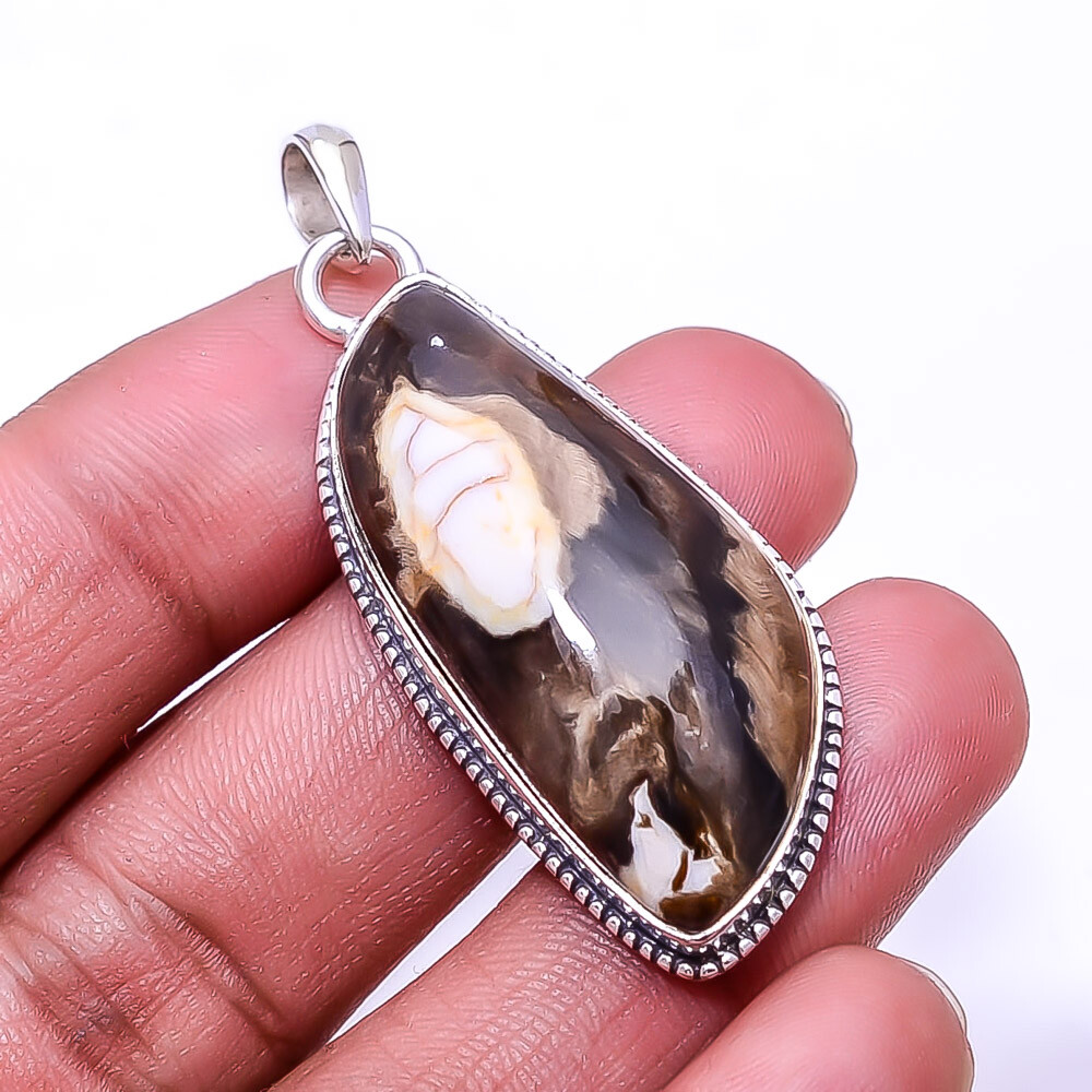 Petrified Peanut Wood Jasper Sterling Silver Bali Pendant 2.03 Inch P55  