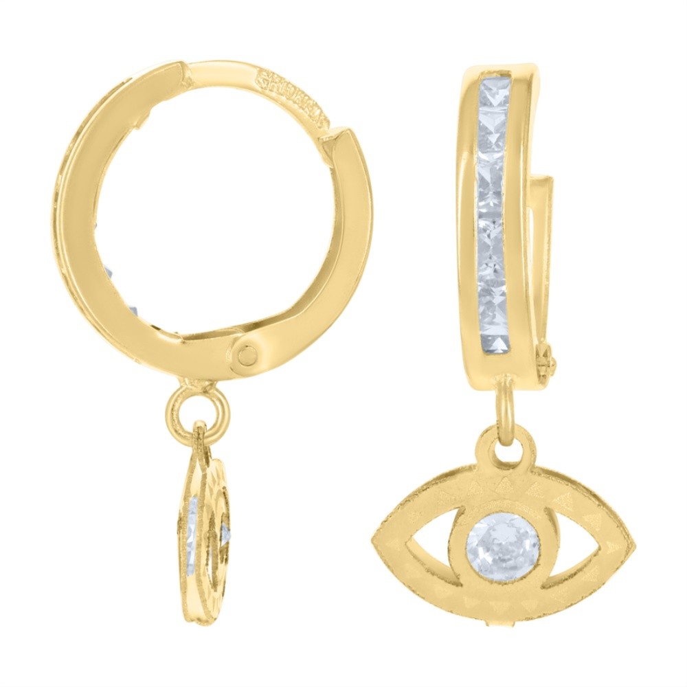 10K Yellow Gold Mens Evil Eye CZ Hoop Earrings 1.1gm  