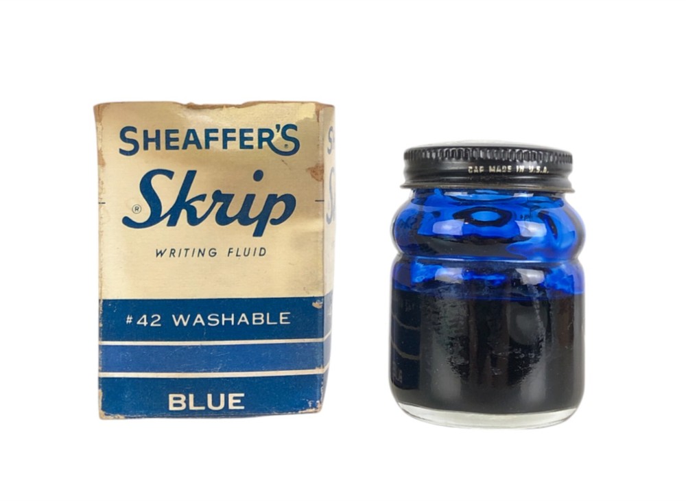 Vintage Sheaffer Skrip Blue Writing Fluid Glass Bottle with Original Box