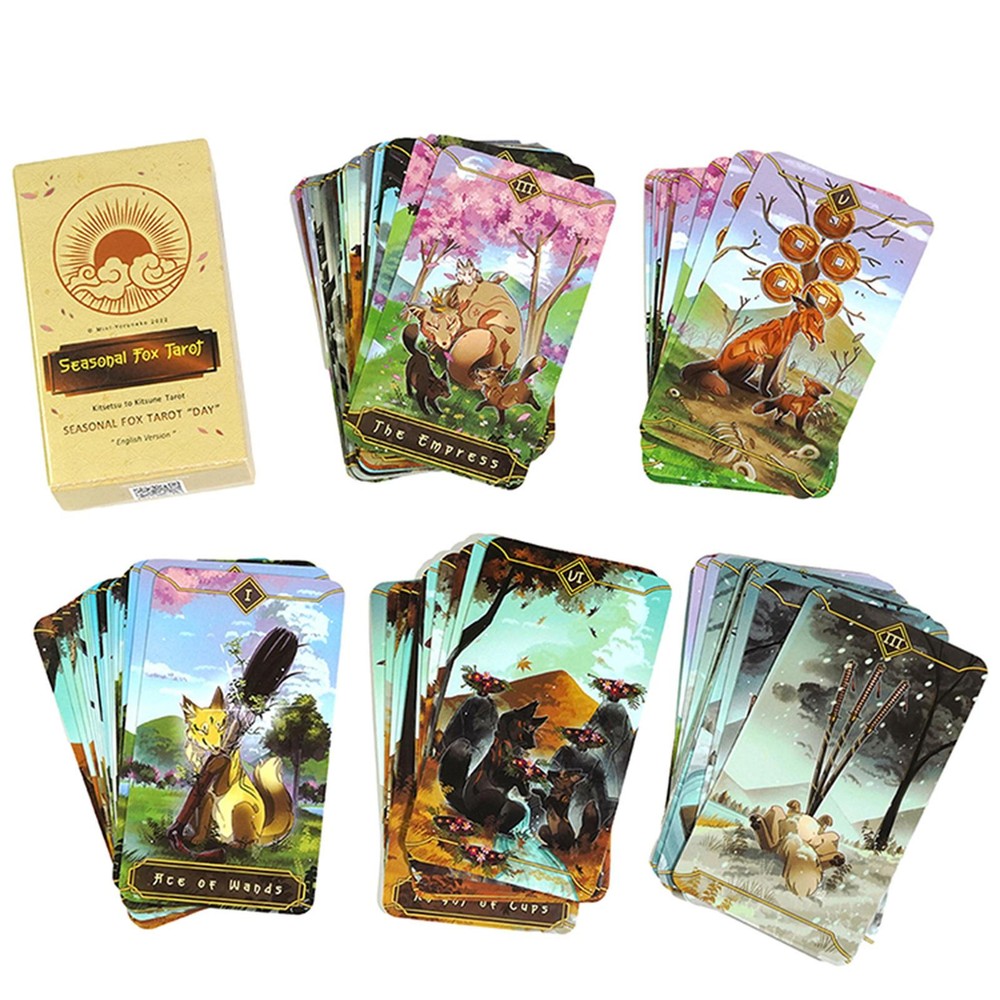 Seasonal Fox Tarot Game Cards,78pcs Colorful Oracle Decks for Party Playing-image