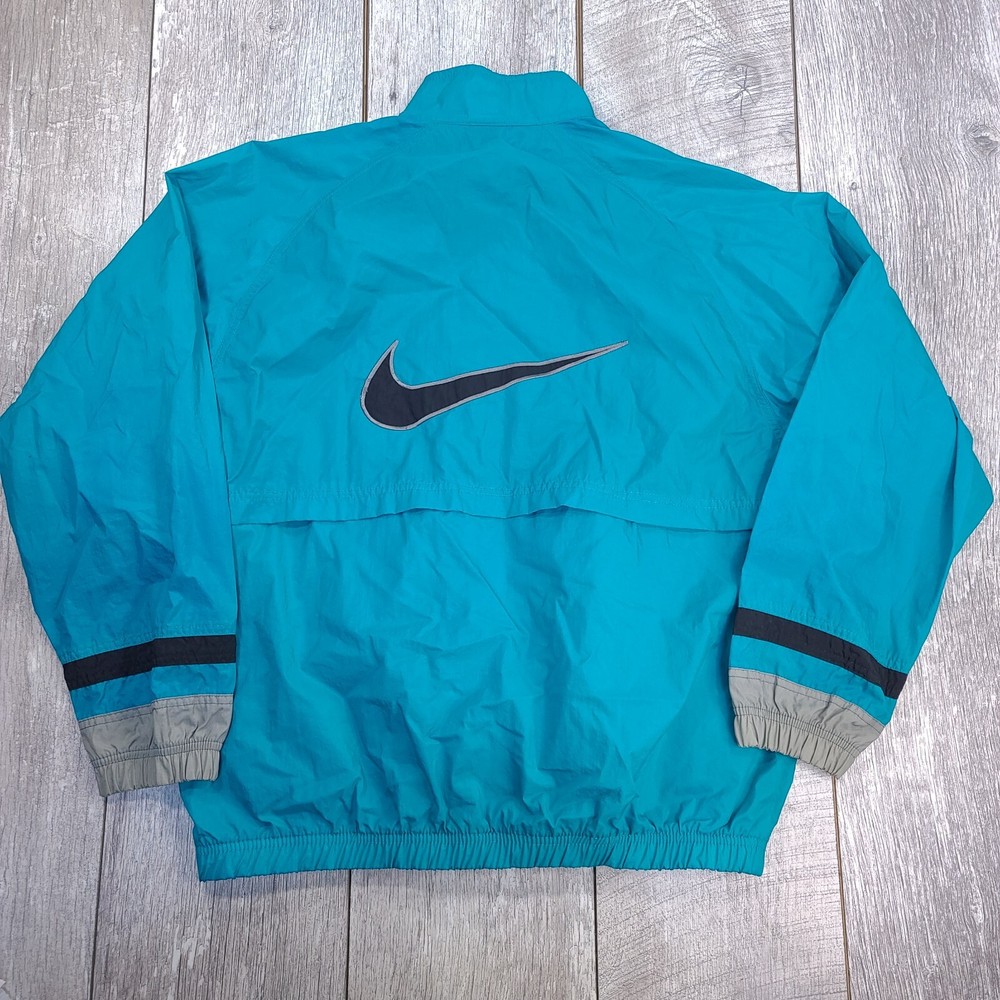 Nike Womens Big Swoosh Check Jacket Size Medium Teal Lightweight Pockets Y2K