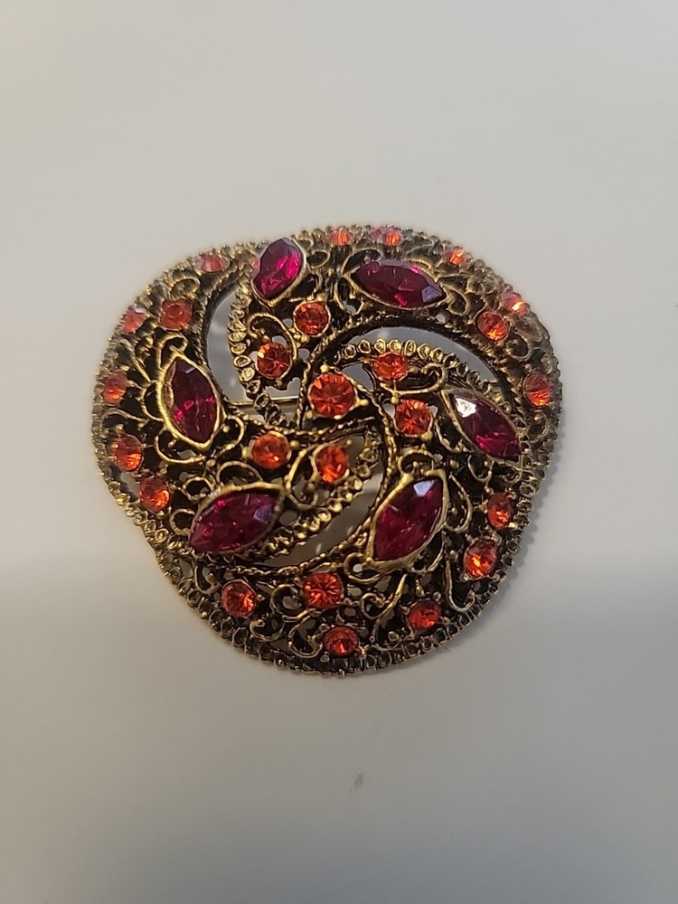 Vintage Red and Orange Rhinestone Brooch