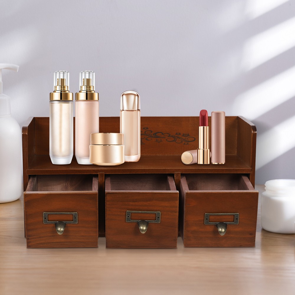 Retro Wooden 3-Drawer Desktop Storage Cabinet for Cosmetics and Jewelry