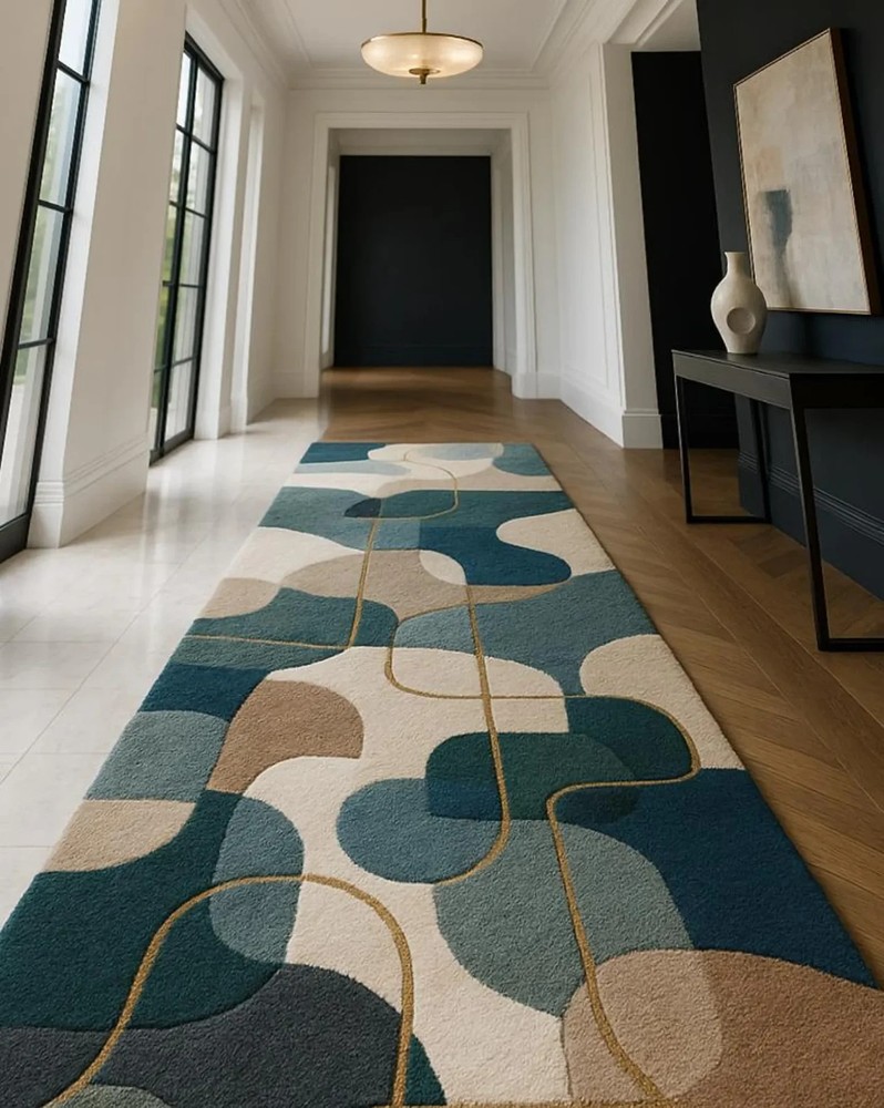 Hand-Tufted Wool Runner Rug: Abstract Geometric Hallway Carpet