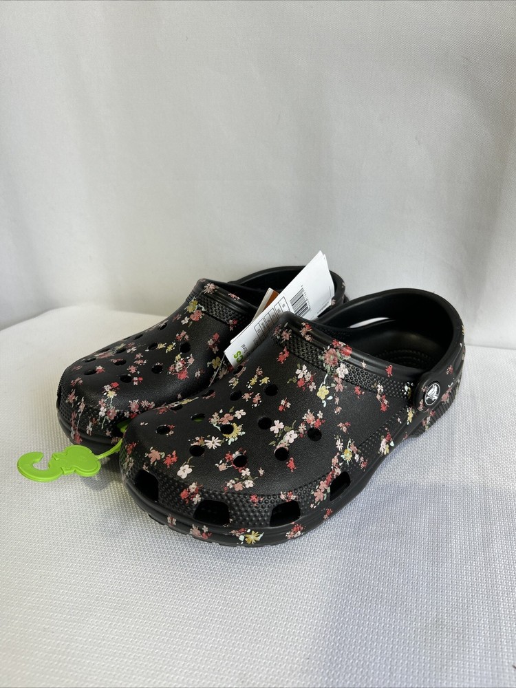 Crocs Adult Classic Ditsy Floral Clog Crocs, Black Sz W6 M4 NEW