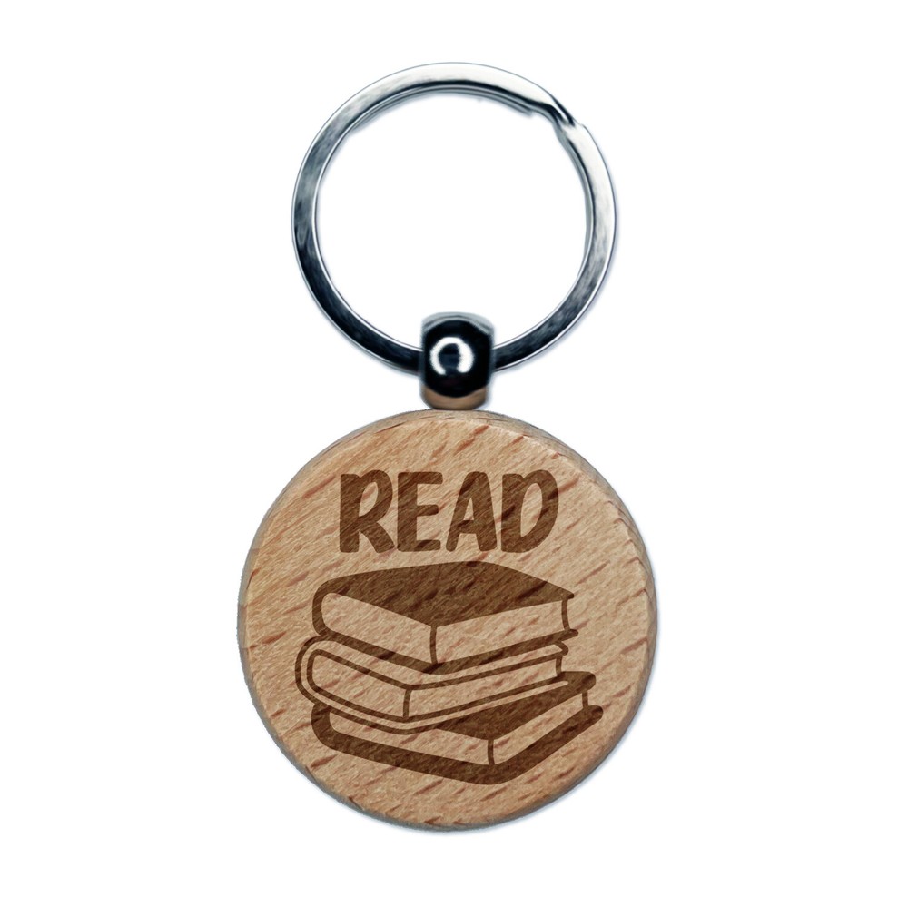 Read Stack of Books Engraved Wood Round Keychain Tag Charm