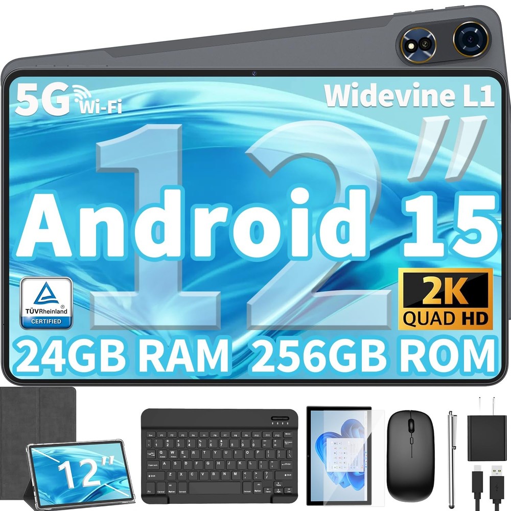 2025 Upgraded 12 Inch Android 15 Tablet with Keyboard Case