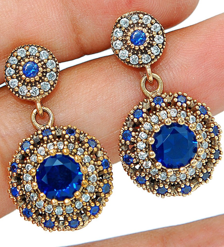 Exquisite Ottoman Empire Style 8CT Treated Sapphire 925 Sterling Silver Earrings TE3546