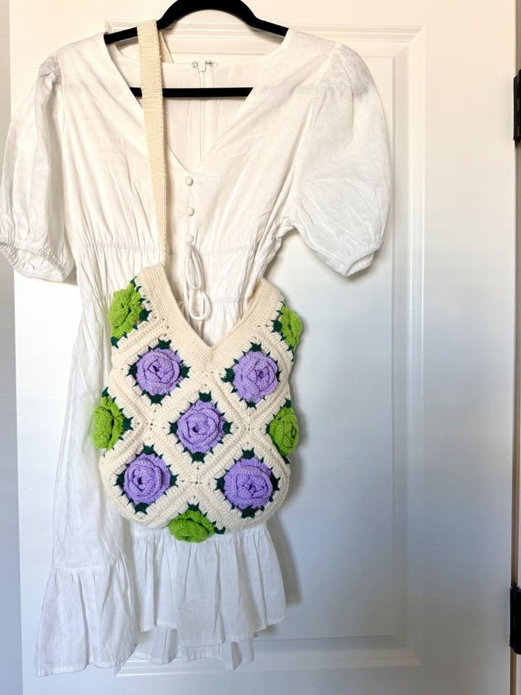 New Handmade Crochet Granny Square Crossbody Bag Rose
