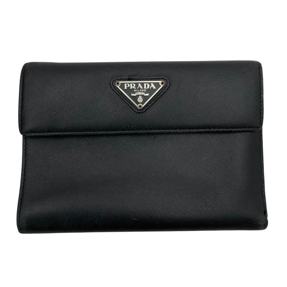 Prada Tri-Fold Wallet Black Saffiano Leather with Logo Pre-Owned Authentic
