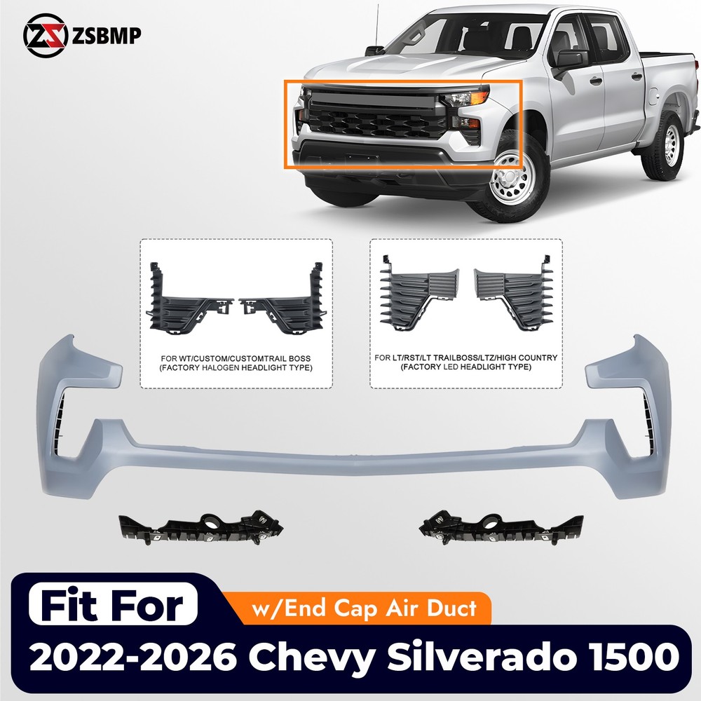 Front Upper Bumper Cover For 2022-2026 Chevy Silverado 1500 w/ End Cap Air Duct