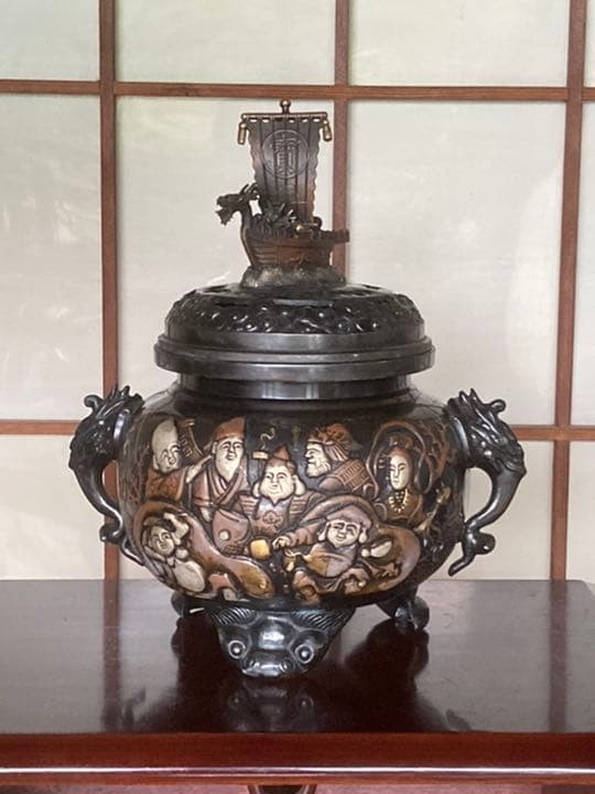 Bronze Large Incense Burner 11.8in SEVEN LUCKY GODS Vintage Japanese Censer Koro