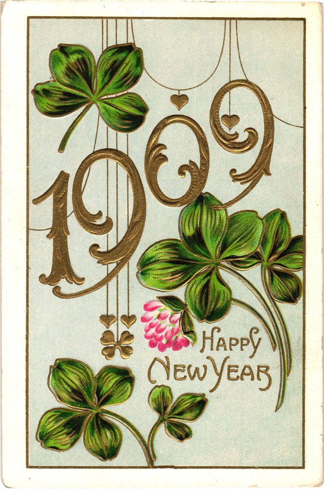 Antique 1909 New Year Postcard Clover Good Luck Embossed Unused-image