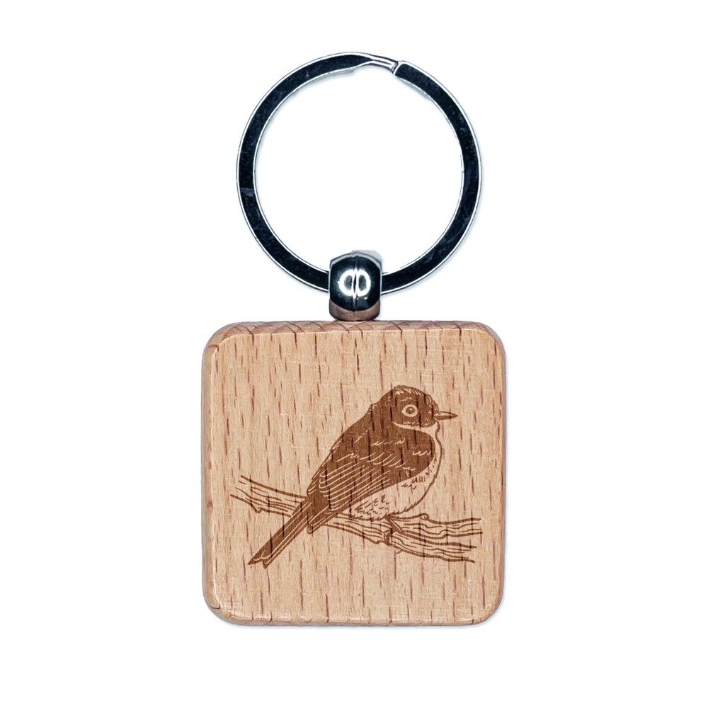Phoebe Bird on a Branch Engraved Wood Square Keychain Tag Charm