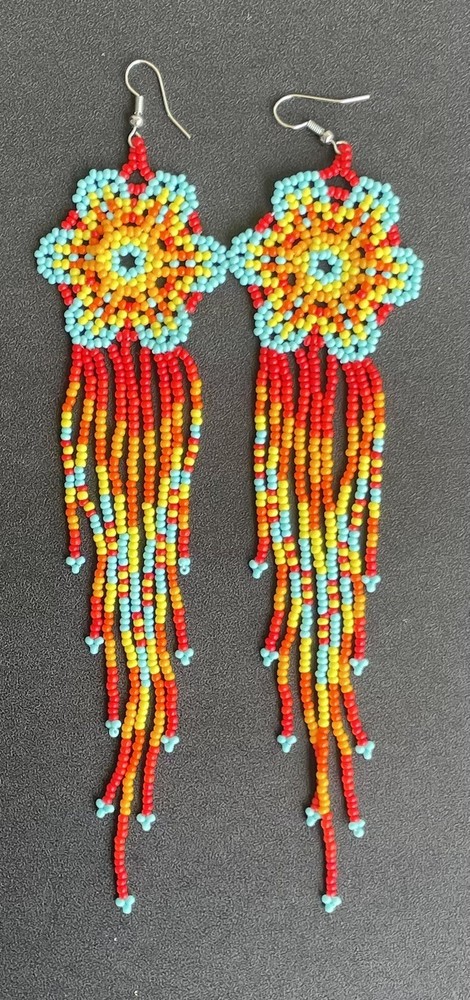 Boho Flower Colorful Seed Bead Beaded Earrings Fringe Tassel Long Native Style