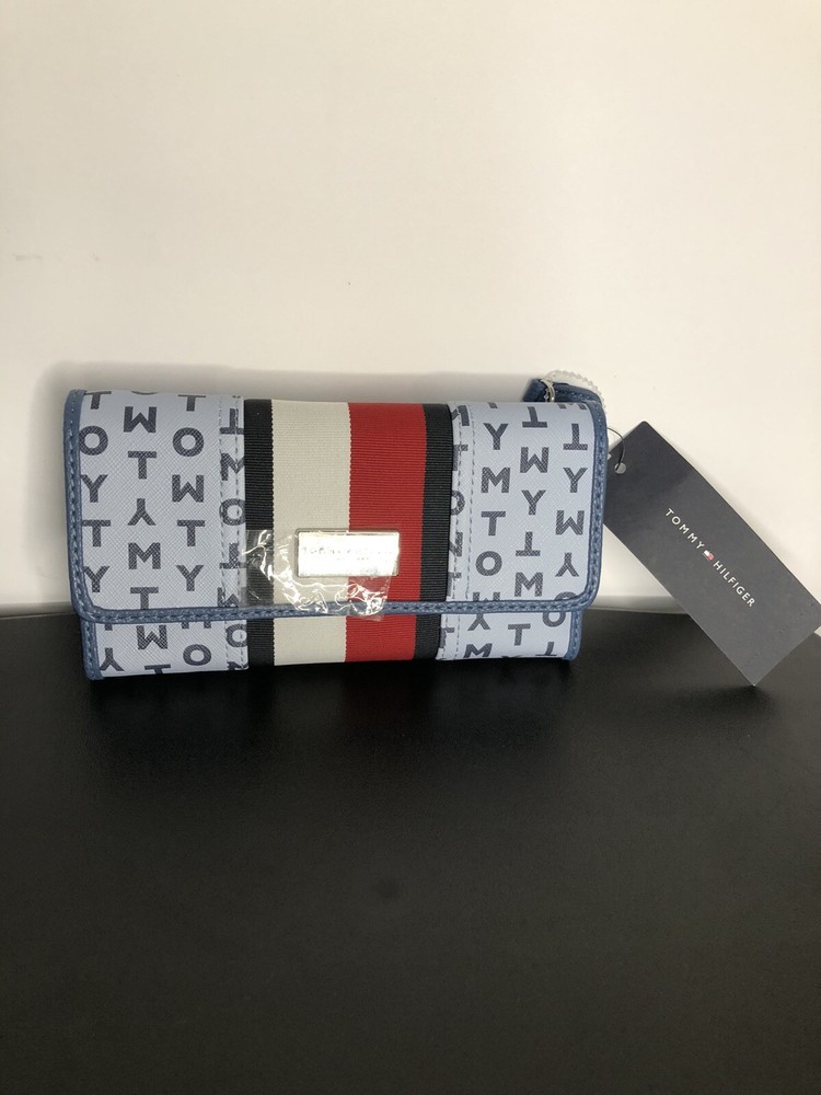 Tommy Hilfiger Womens Blue Logo PU Trifold Wallet Clutch 7 Inch