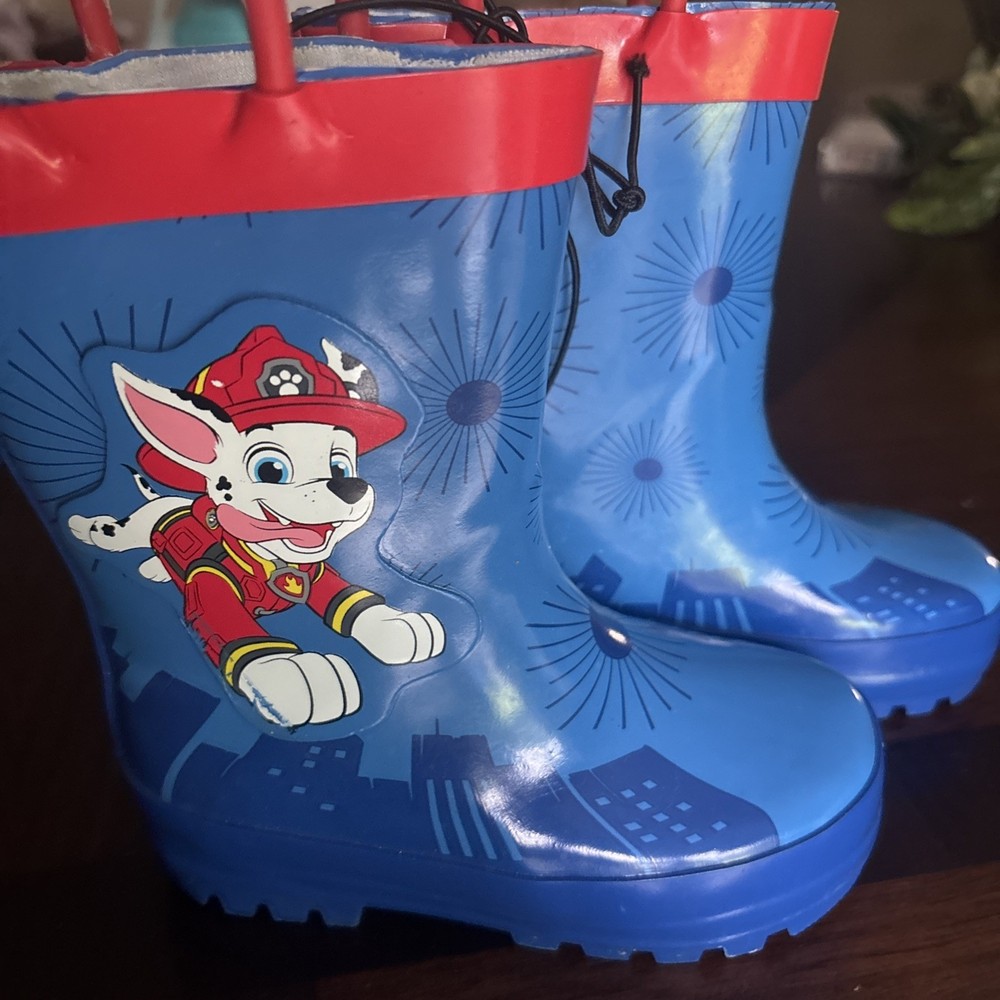 Paw Patrol Toddler Boys Rubber Rain Boots Size 5/6 Pull On Blue Red NEW