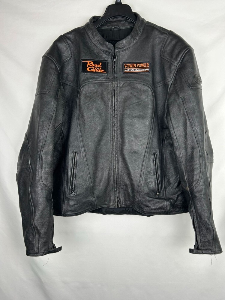 Bilt Mens Black Leather Motorcycle Jacket Size 52 with Harley Patches