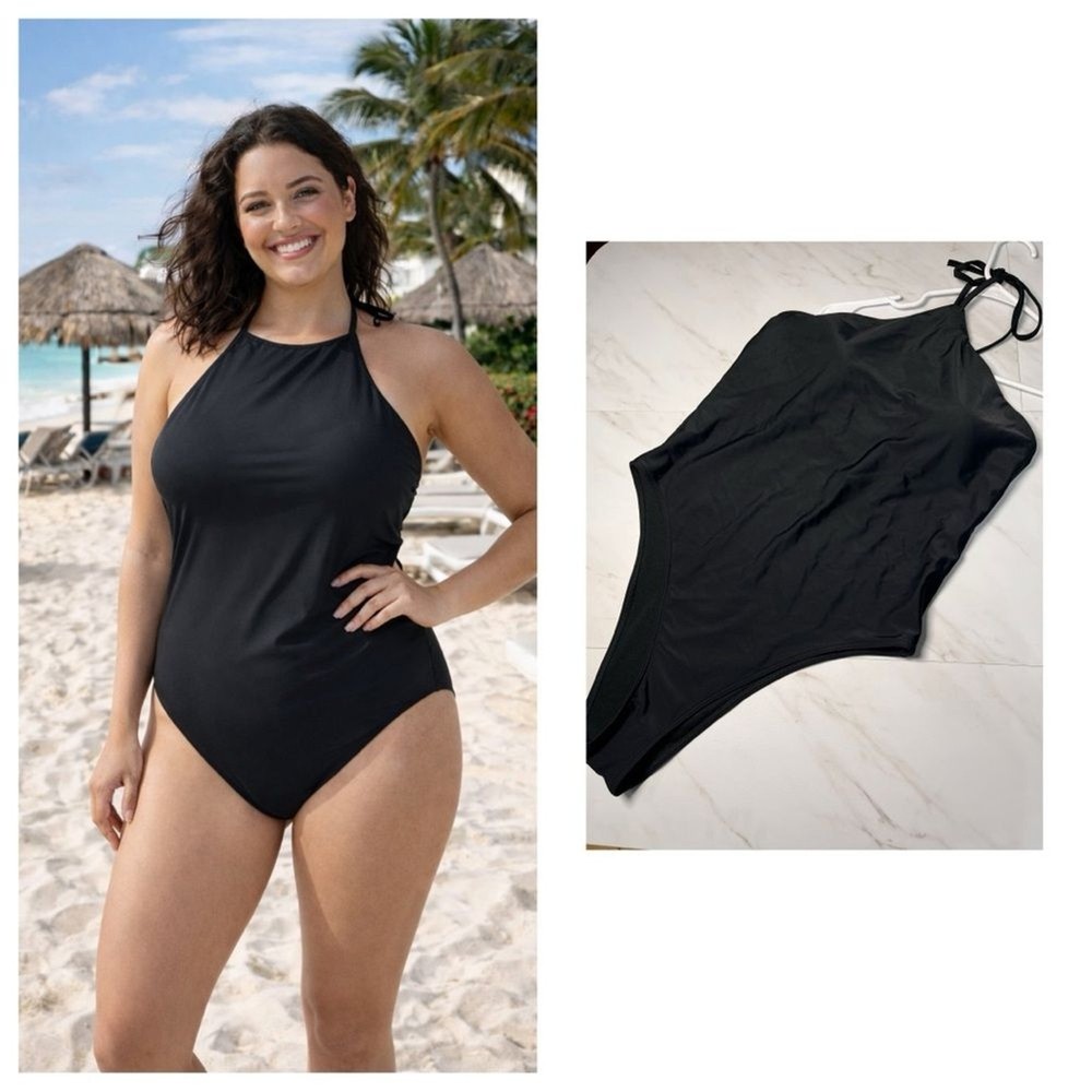 NWOT Abercrombie & Fitch Black High Neck Halter One piece swimsuit Size large