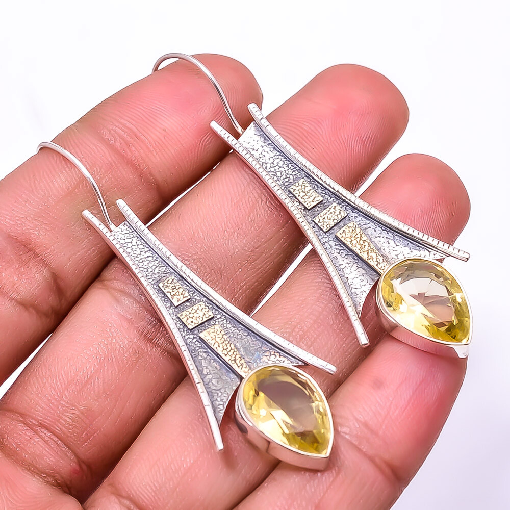 Citrine Oxidized Gemstone 925 Silver Earring 2.34 Inches E24