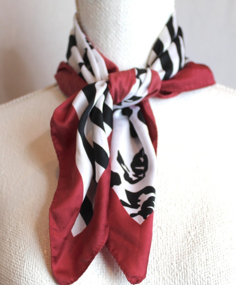 Zara Hand-Rolled Striped Floral Scarf 20x20 Red White Black