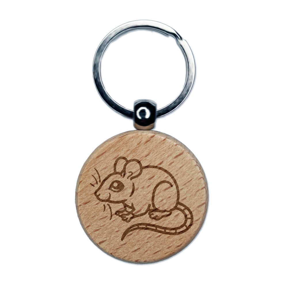 Mouse Rodent Engraved Wood Round Keychain Tag Charm