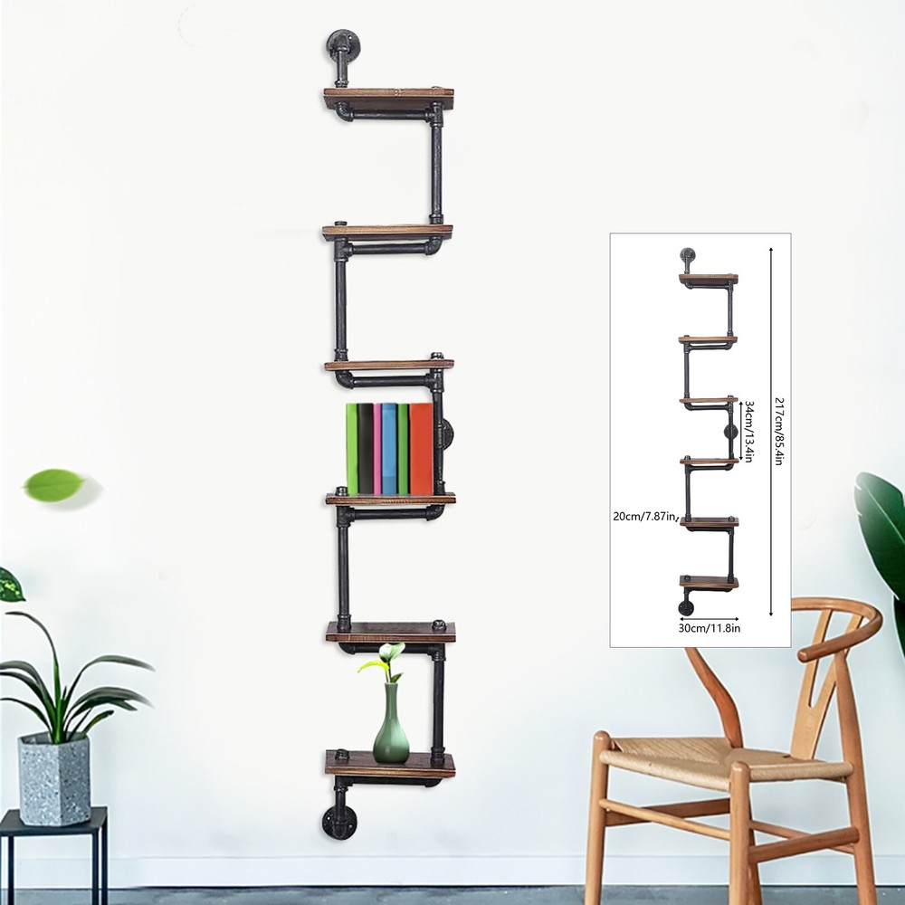 6-Tier Industrial Floating Shelves Wall Mount Pipe Shelves Wood Ladder Bookshelf