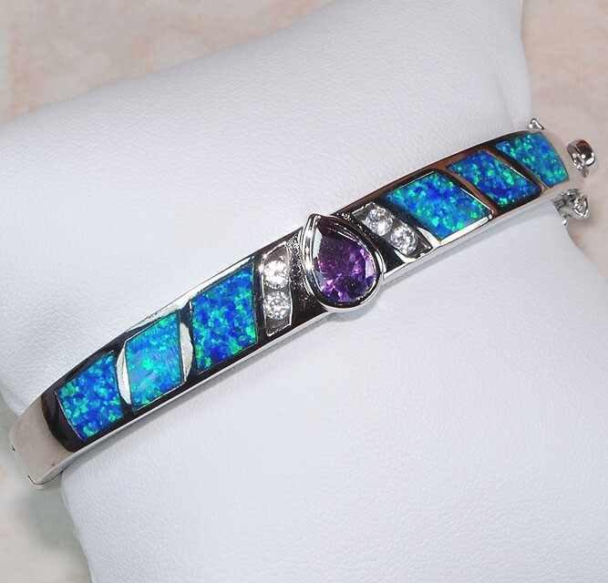 2CT Amethyst & Australian Opal Inlay 925 Sterling Silver Bangle Bracelet OB5