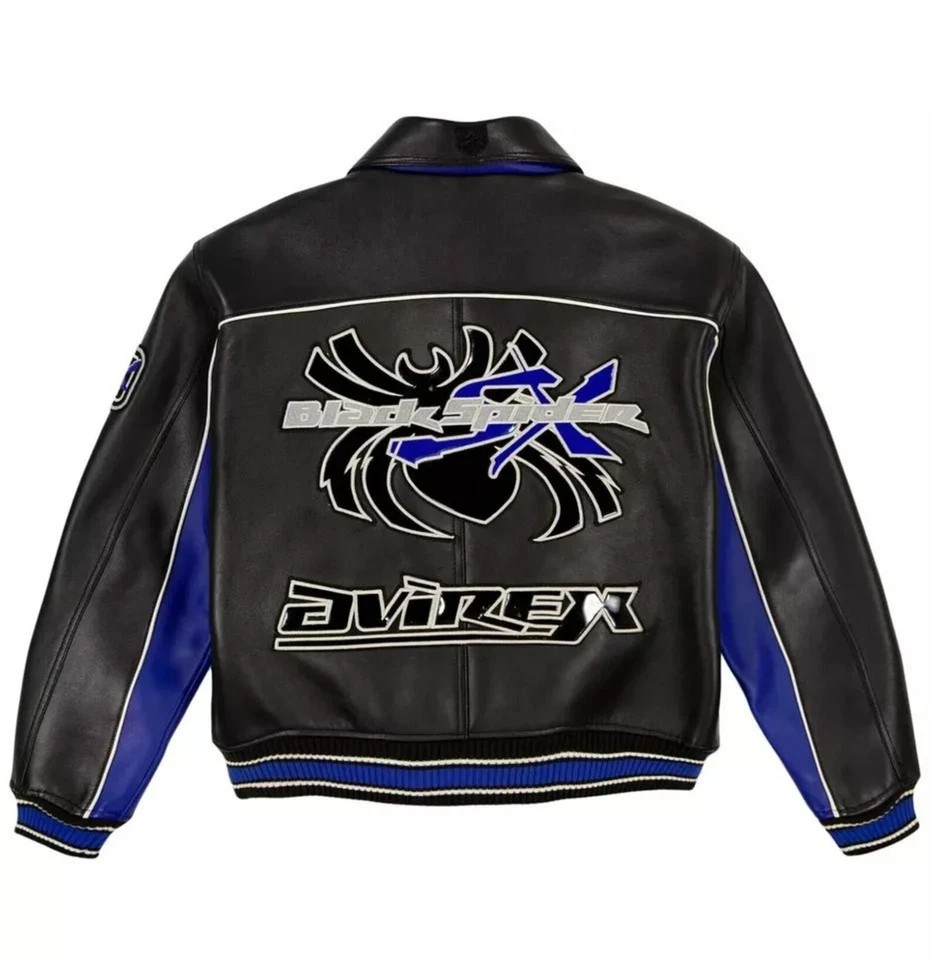Men's Avirex Black Blue Spider Limited Edition Bomber Leather Jacket