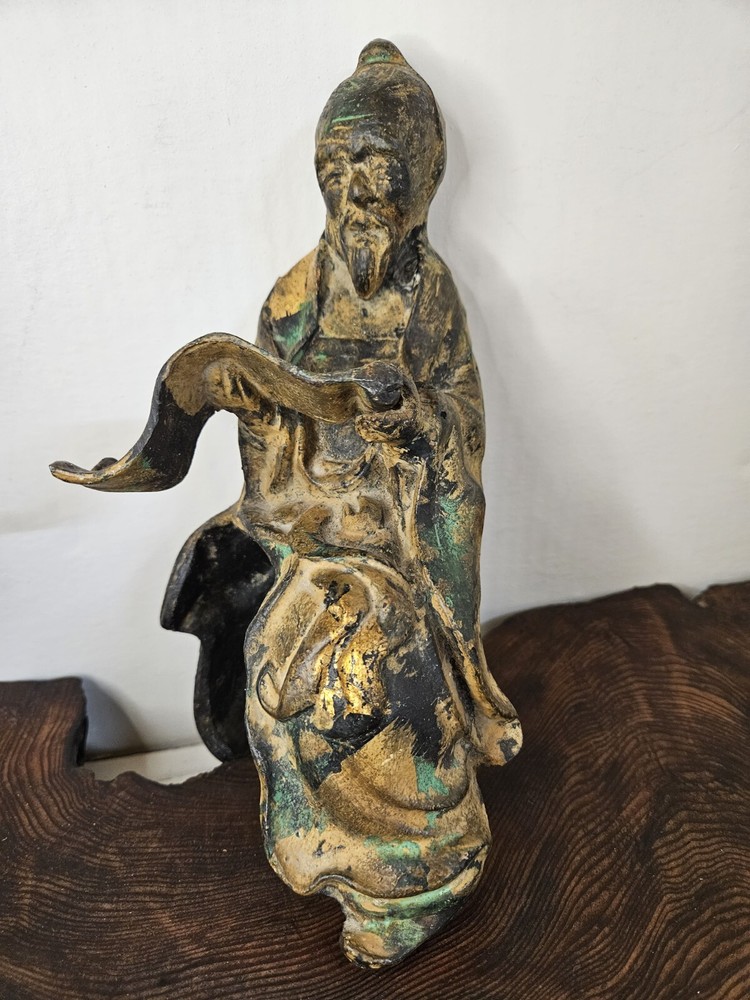 Antique Chinese Cast Iron Roof Tile Rare Old Man Reading Scroll