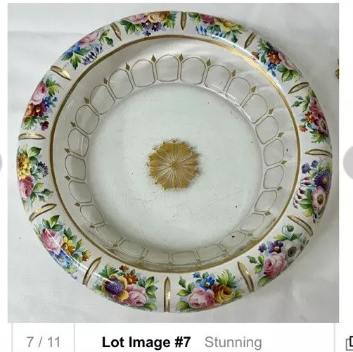 Large Vintage Glass Shallow TRINKET DISH w/Gold Detail  Rim w/ Flowers Pink Blue