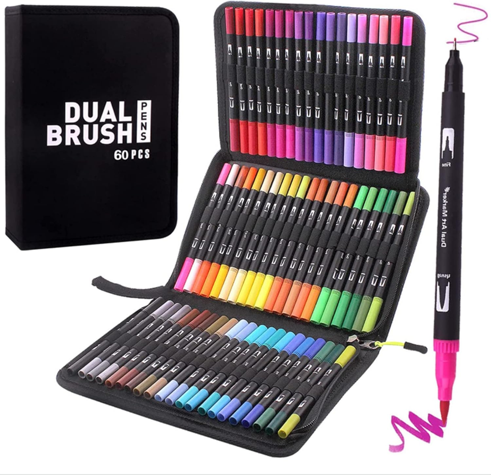 60 Double Tip Brush Pens Art Markers Artist Fine & Brush Pen Colored Markers New