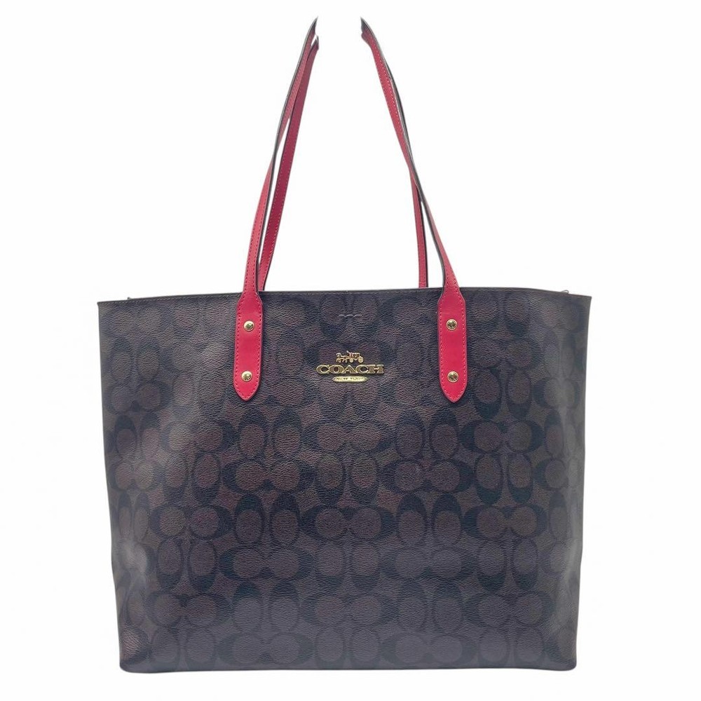 Authentic Coach PVC Signature Dark Brown Tote Bag with Red Interior Large Capacity  