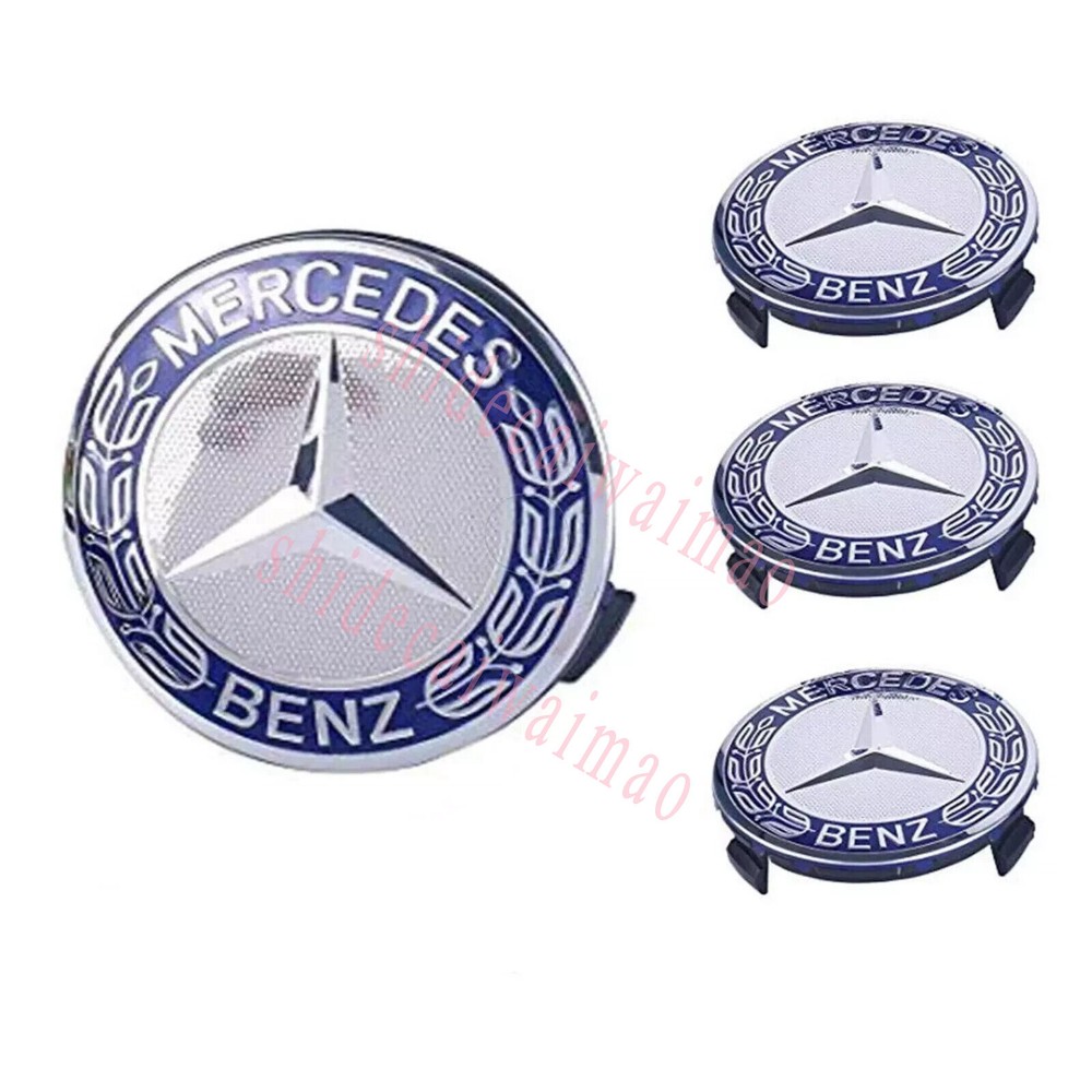 4PCS Wheel Center Hub Caps Badge For Mercedes Benz AMG-75mm Classic Blue Wreath