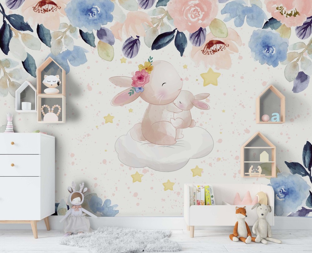 3D Rabbit Flower Watercolor Wall Murals Wallpaper Murals Wall Sticker
