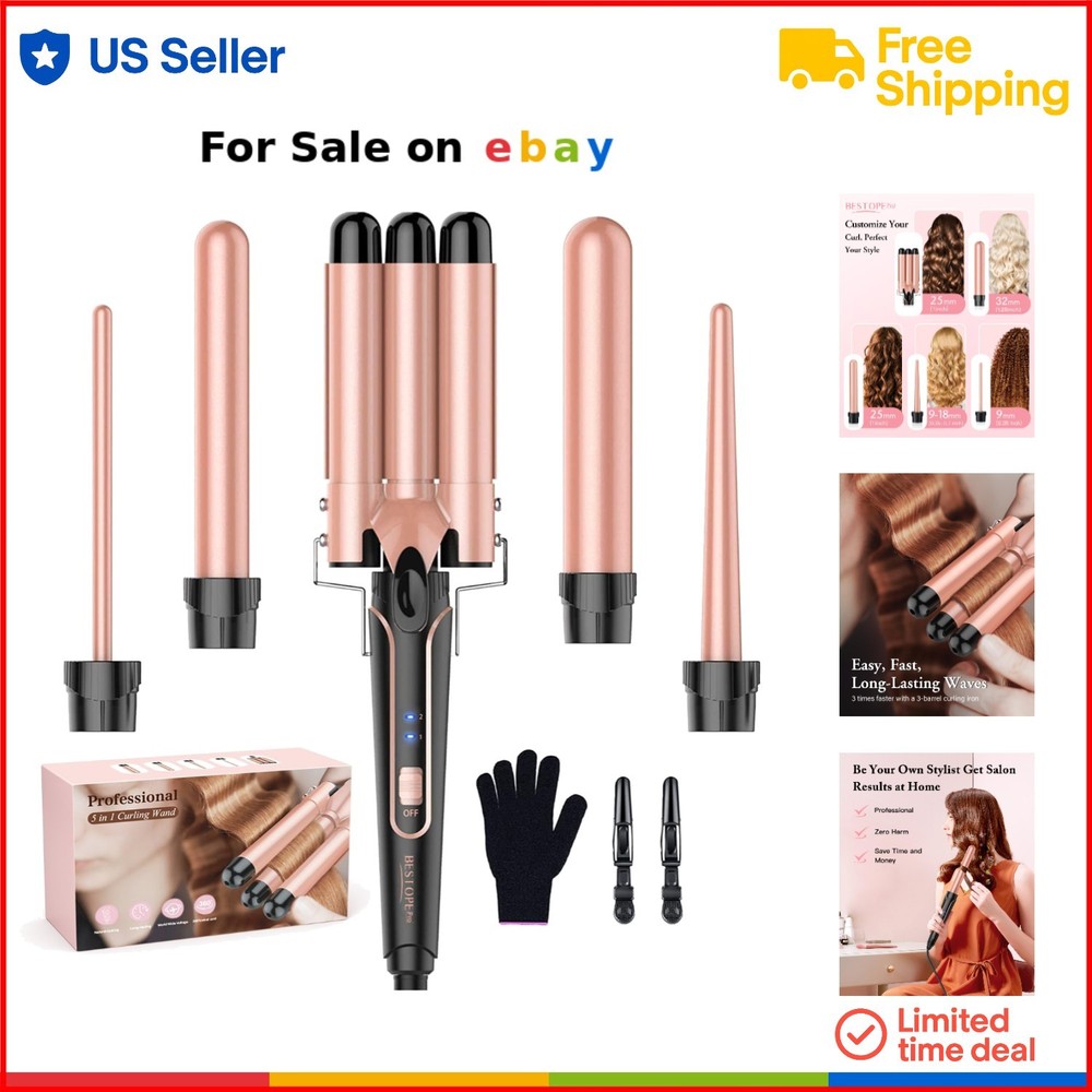 Waver Curling Iron Wand 5-in-1 Set with 3 Barrels for Women All Hair Types