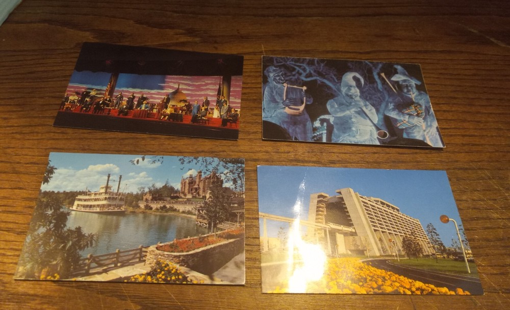 Vintage Walt Disney World Postcards – Haunted Mansion, Presidents, Steamboat Tram