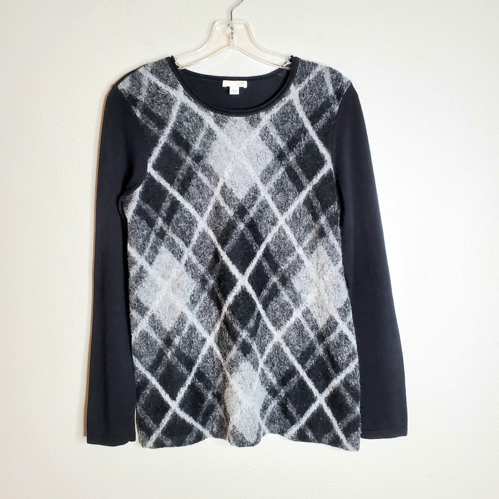 J. Jill Wool Blend Argyle Plaid Colorblock Knit Pullover Black Gray XS Preppy