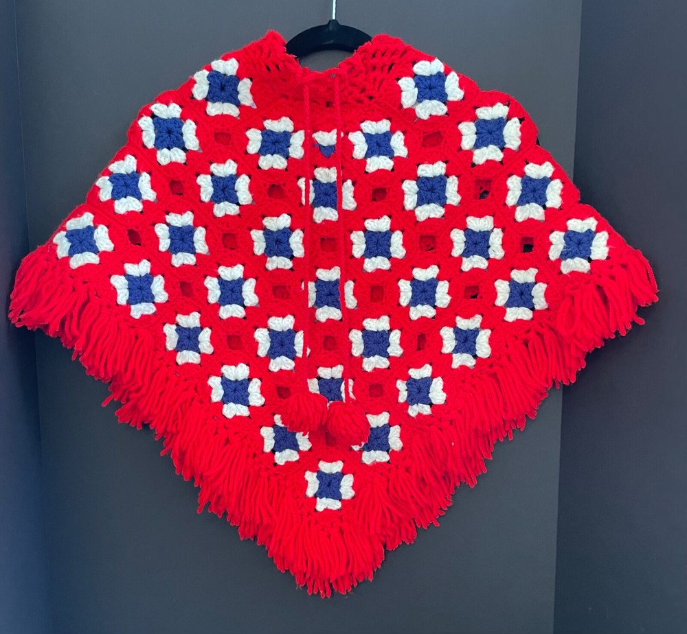 Vintage Hand Made Crocheted Girls Poncho w/ Pom Pom Tie And Matching Head Scarf