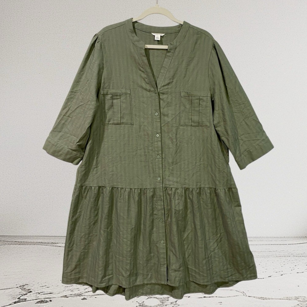 Caslon Button Front Tiered Shirt Dress Women’s 2X Olive Green $99