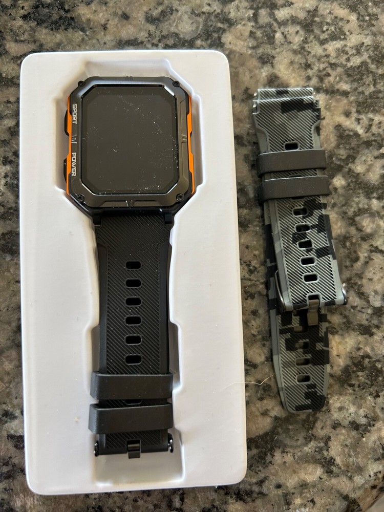 Military Smartwatch 55 mm Black Case Black Silicone Watch for Men w/Extra Band