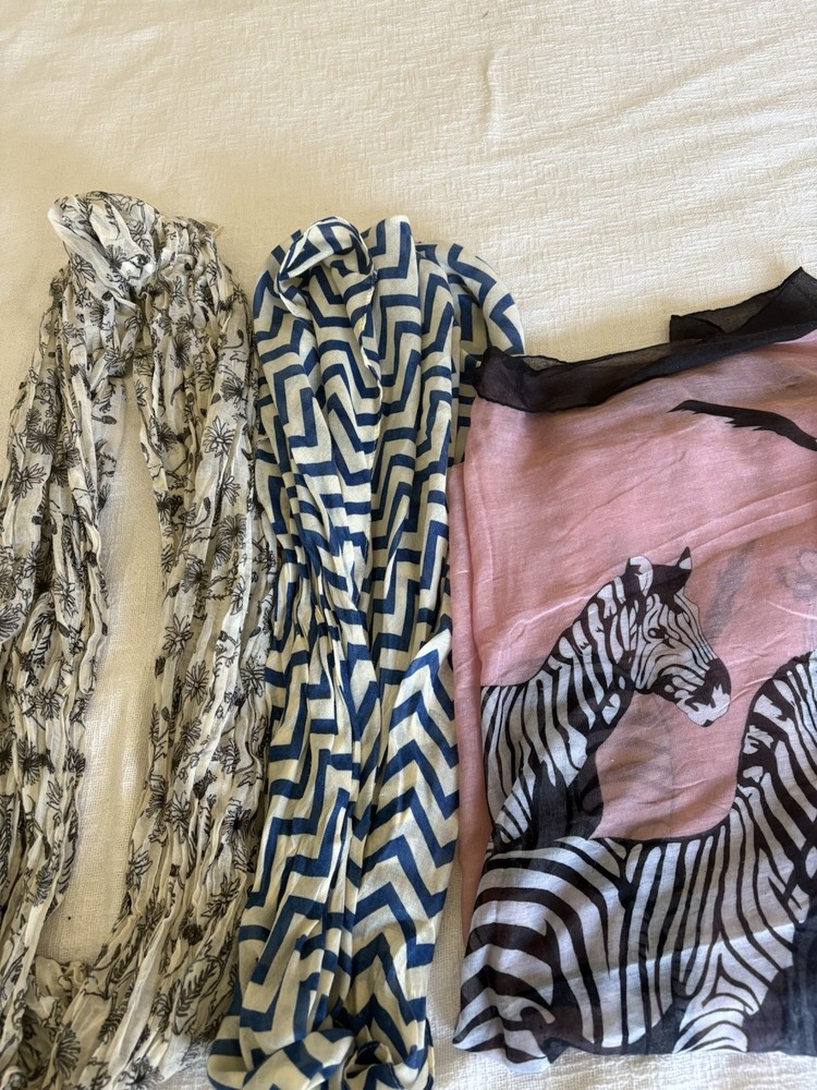 2 infinity scarves and a zebra scarf
