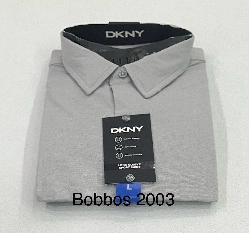 DKNY Men's Button Up Long Sleeve Sport Shirt, Light Gray, Size L