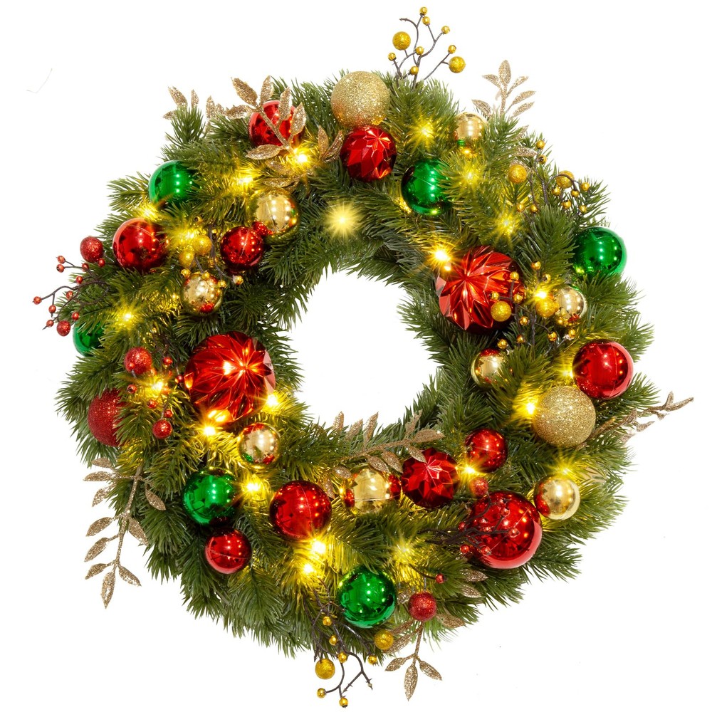 16-Inch LED Christmas Wreath with 40 Lights, Red, Green, and Gold Ball Ornaments for Festive Holiday Door Decor