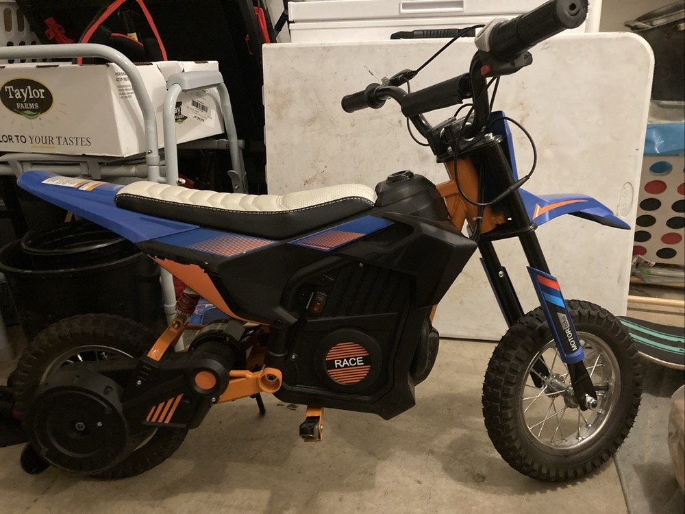 Blue and Orange Electric Dirt Bike for Kids and Adults
